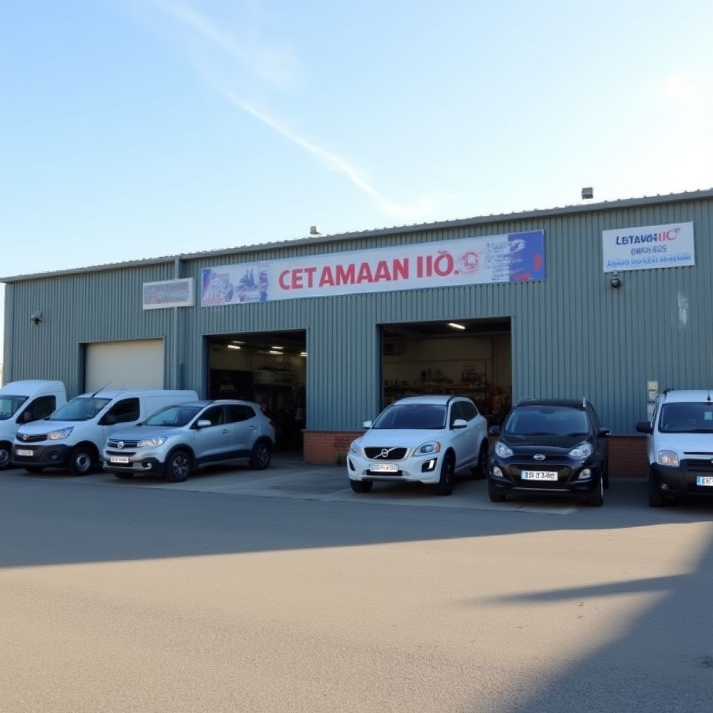 Exterior del taller con vehículos en servicio